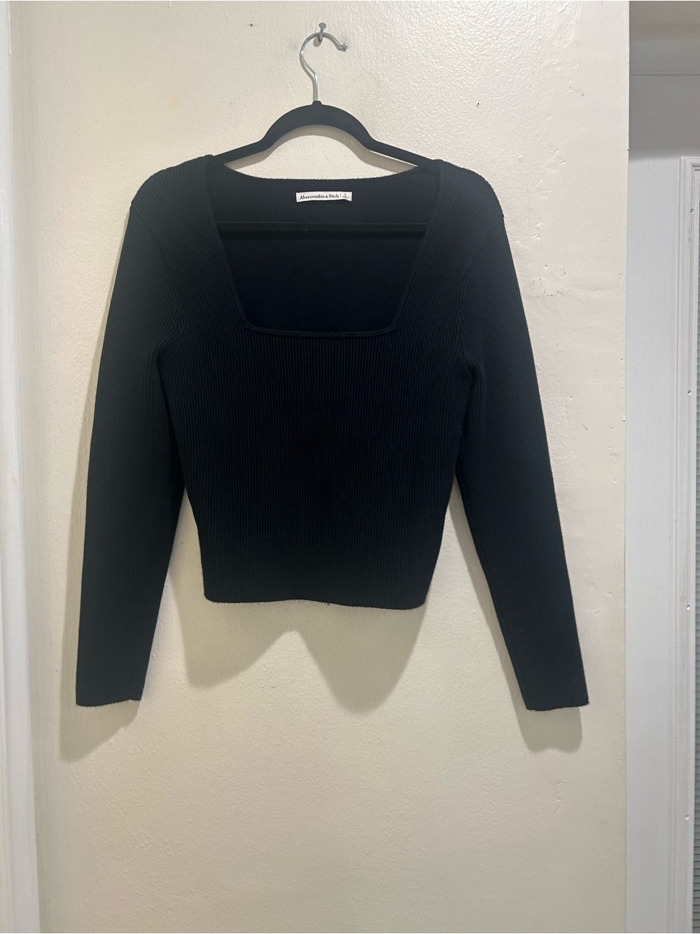 Abercrombie & Fitch Black Ribbed Square-Neck Long Sleeve Top